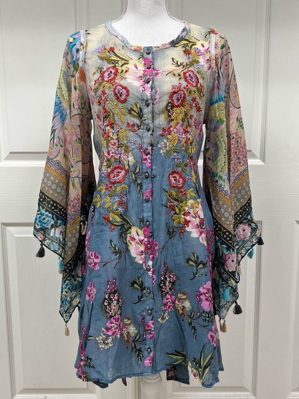 Aratta Blue Floral Embroidered Boho Tunic with Mixed-Print Sleeves